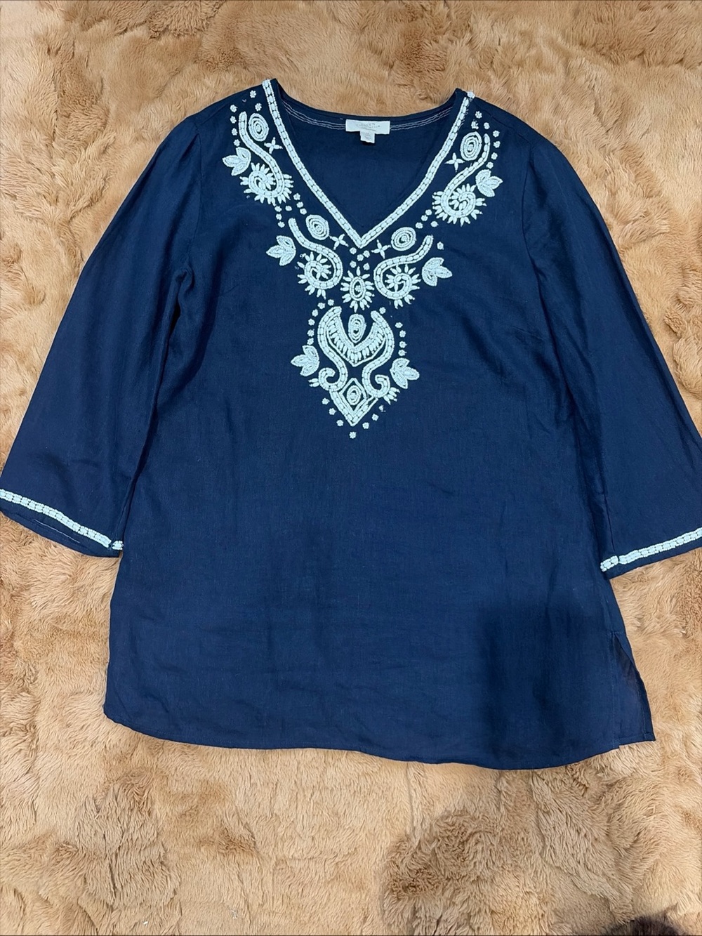 Charter Club Linen Tunic Top Size Medium Navy Blue Beaded Travel Resort Coastal